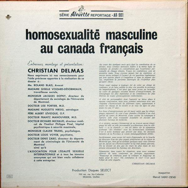 Christian Delmas : L'Homosexualité Masculine Au Canada Français (LP, Mono)