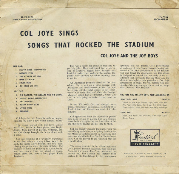 Col Joye : Songs That Rocked The Stadium (LP, Album, Mono)