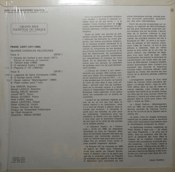 Franz Liszt, Magyar Állami Népi Együttes Ének- És Zenekara Direction: Szabó Miklós : Oeuvres Chorales Religieuses (LP)