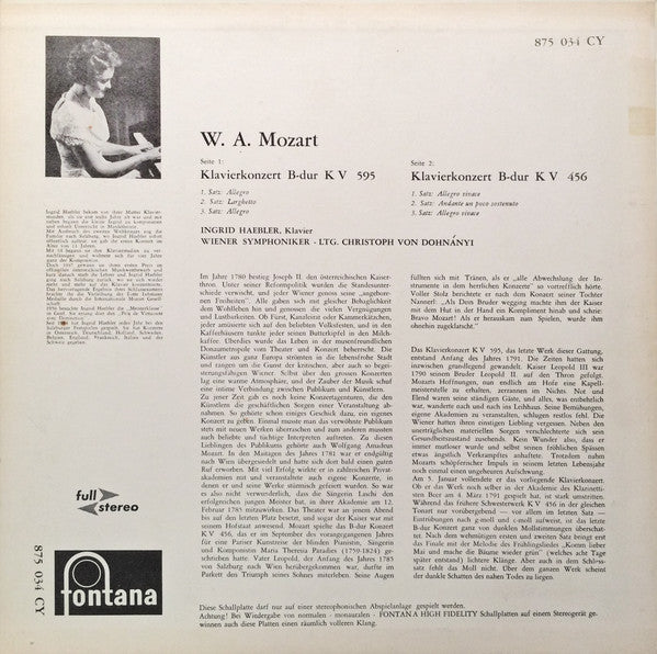 Wolfgang Amadeus Mozart - Ingrid Haebler, Wiener Symphoniker, Christoph von Dohnányi : Klavierkonzert B-Dur KV 595, Klavierkonzert B-Dur KV 456 (LP)