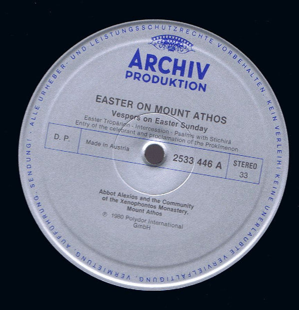 Abbot Alexios, The Community Of The Xenophontos Monastery On The Holy Mountain Of Athos : Easter On Mount Athos • Vesper On Easter Sunday (LP, Gat)