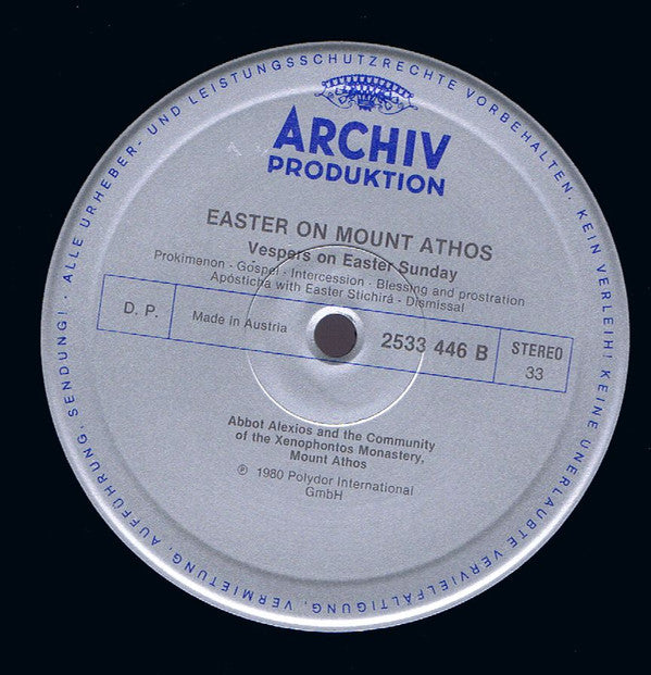 Abbot Alexios, The Community Of The Xenophontos Monastery On The Holy Mountain Of Athos : Easter On Mount Athos • Vesper On Easter Sunday (LP, Gat)