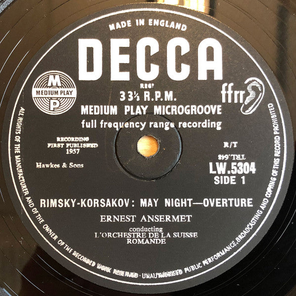 Ernest Ansermet Conducting L'Orchestre De La Suisse Romande : May Night - Overture & Russian Easter Festival - Overture  (10", Mono)