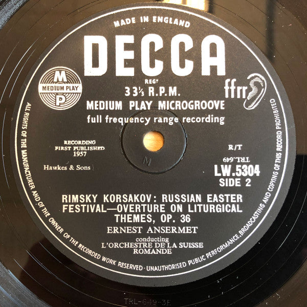 Ernest Ansermet Conducting L'Orchestre De La Suisse Romande : May Night - Overture & Russian Easter Festival - Overture  (10", Mono)