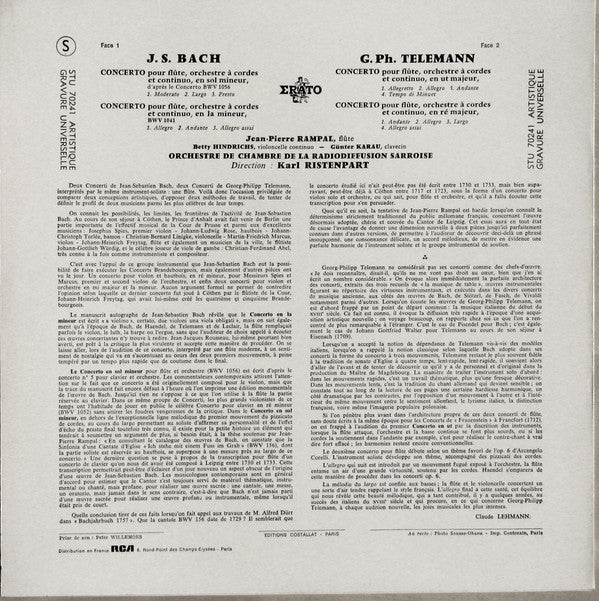 Johann Sebastian Bach / Georg Philipp Telemann - Jean-Pierre Rampal : Kammerorchester Des Saarländischen Rundfunks, Saarbrücken , Dir. Karl Ristenpart : Quatre Concertos Pour Flûte Et Orchestre (LP, RE)
