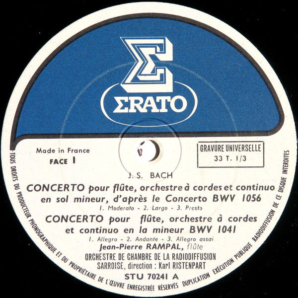 Johann Sebastian Bach / Georg Philipp Telemann - Jean-Pierre Rampal : Kammerorchester Des Saarländischen Rundfunks, Saarbrücken , Dir. Karl Ristenpart : Quatre Concertos Pour Flûte Et Orchestre (LP, RE)