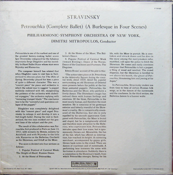 Igor Stravinsky, Philharmonic-Symphony Orchestra Of New York, Dimitri Mitropoulos : Petrouchka (Complete Ballet - A Burlesque In Four Scenes)  (LP)