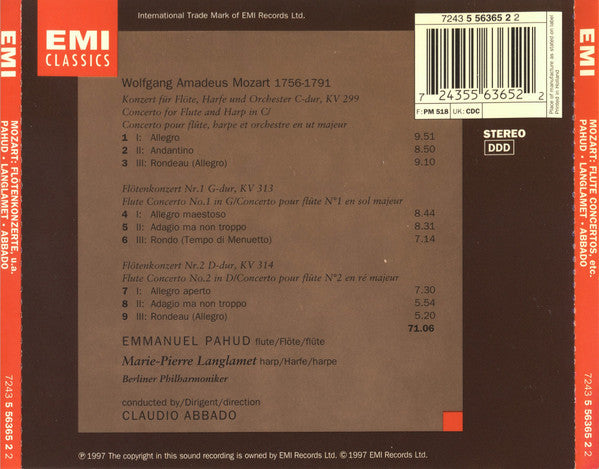 Wolfgang Amadeus Mozart - Emmanuel Pahud, Marie-Pierre Langlamet - Claudio Abbado, Berliner Philharmoniker : Flötenkonzerte 1 & 2 - Konzert Für Flöte Und Harfe (CD, Album)