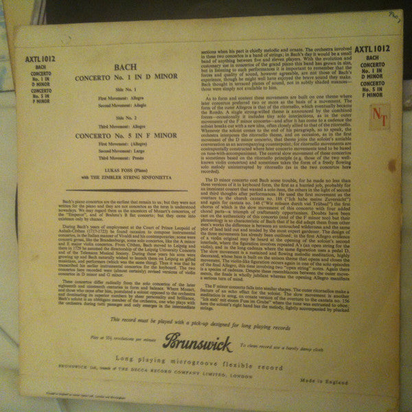Johann Sebastian Bach — Lukas Foss, The Zimbler Sinfonietta : Concerto No. 1 In D Minor, Concerto No. 5 In F Minor (LP, Mono)