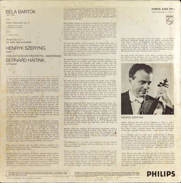 Béla Bartók, Henryk Szeryng, Concertgebouworkest, Bernard Haitink : Violin Concerto No. 2 / Rhapsody No. 1 (LP)