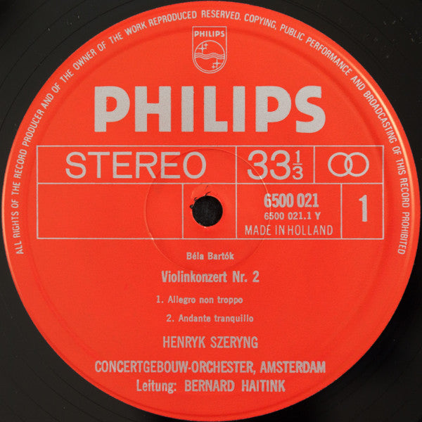 Béla Bartók, Henryk Szeryng, Concertgebouworkest, Bernard Haitink : Violin Concerto No. 2 / Rhapsody No. 1 (LP)