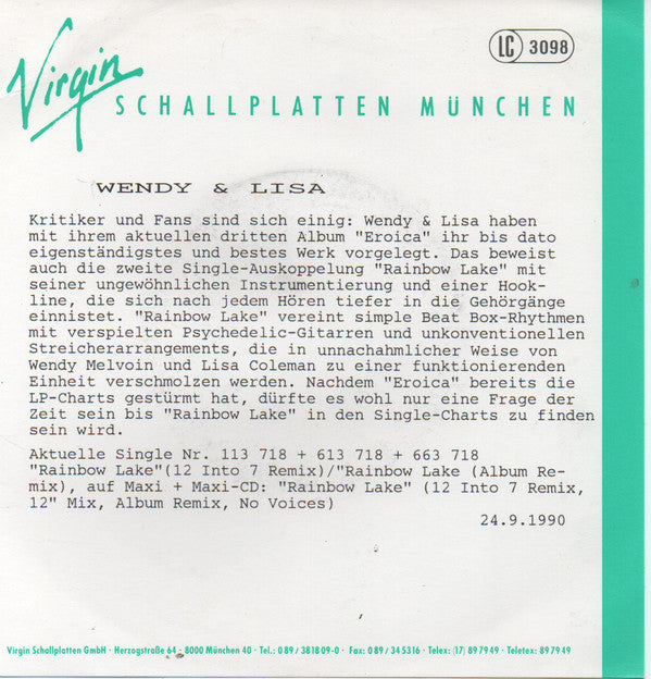 Wendy & Lisa : Rainbow Lake (7", Single)