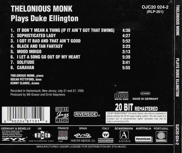 Thelonious Monk : Thelonious Monk Plays Duke Ellington (CD, Album, RE, 20 )