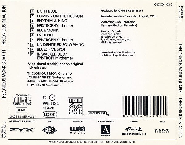 The Thelonious Monk Quartet With Johnny Griffin : Thelonious In Action (CD, Album, RE)