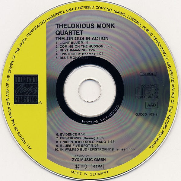 The Thelonious Monk Quartet With Johnny Griffin : Thelonious In Action (CD, Album, RE)