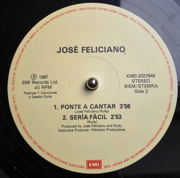 José Feliciano : Ponte A Cantar (12", Single)