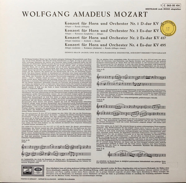 Wolfgang Amadeus Mozart, Dennis Brain, Philharmonia Orchester London*, Herbert von Karajan : Konzerte Für Horn Und Orchester Nr. 1-4, KV 412 ∙ KV 417 ∙ KV 447 ∙ KV 495 (LP)