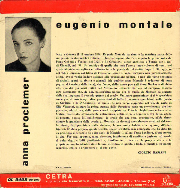 Anna Proclemer : Eugenio Montale Detto Da Anna Proclemer (7", RE)