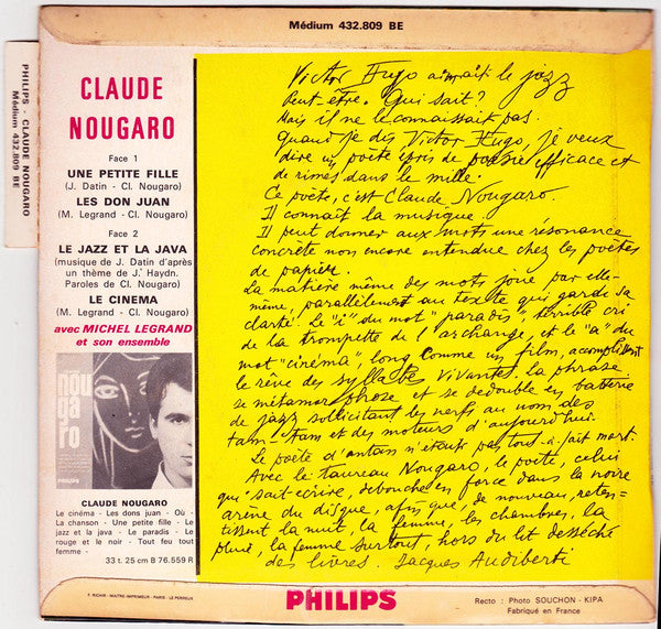 Claude Nougaro : Une Petite Fille (7", EP, Mono)