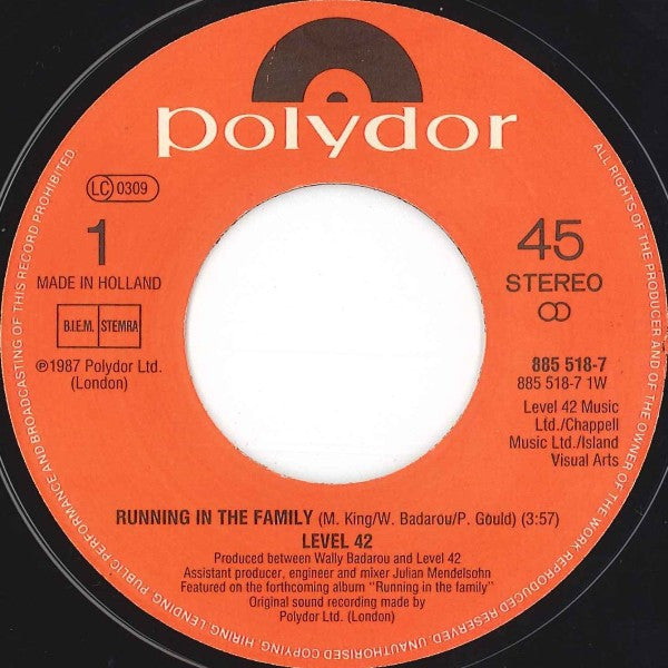 Level 42 : Running In The Family (7", Single)