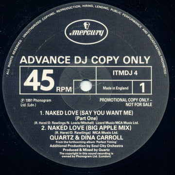 Quartz (2) & Dina Carroll : Naked Love (Just Say You Want Me) (12", Promo)