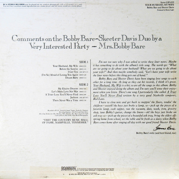 Bobby Bare And Skeeter Davis : Your Husband, My Wife (LP, Album)