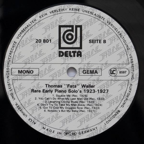 Fats Waller : Rare Early Piano Solo's 1923-1927 (LP, Comp, Mono)