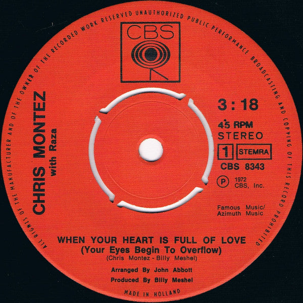Chris Montez with Raza : When Your Heart Is Full Of Love (Your Eyes Begin To Overflow) / Dolores, Dolores (I Told You I'd Be Back) (7", Single)