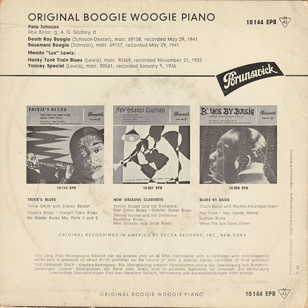 Pete Johnson And Meade "Lux" Lewis : Original Boogie Woogie Piano (7", EP, Mono, RP)
