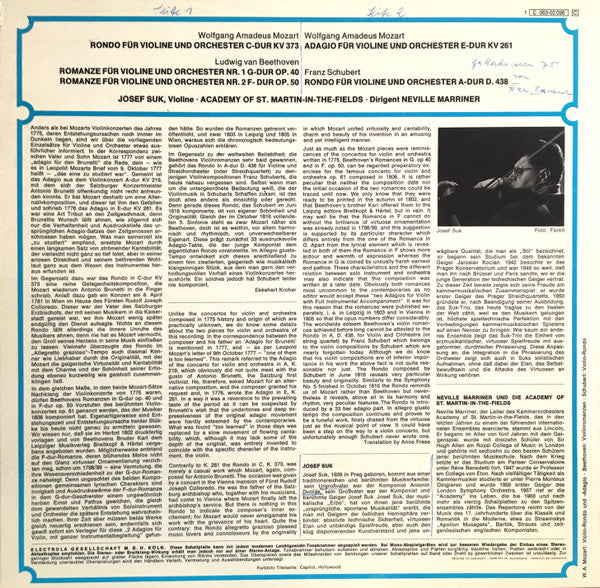 Wolfgang Amadeus Mozart / Ludwig van Beethoven / Franz Schubert - Josef Suk, Sir Neville Marriner, The Academy Of St. Martin-in-the-Fields : Rondo C - Dur KV 373 /  Adagio E - dur KV 261 / Romanzen Nr. 1 G - dur Und Nr. 2 F - dur / Rondo A - dur D. 438 (LP, RE)