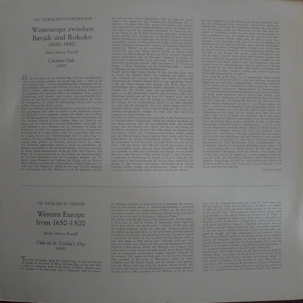 Henry Purcell - Simon Woolf • Paul Esswood • Roland Tatnell • Alexander Young • Michael Rippon • John Shirley-Quirk • Tiffin Boys' Choir • The Ambrosian Singers • English Chamber Orchestra • Dirigent: Sir Charles Mackerras : Ode On St. Cecilia's Day (1692) (LP, Gat)