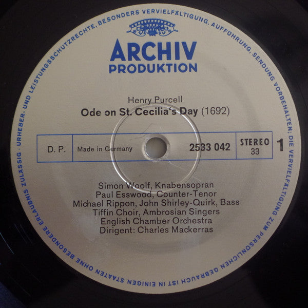 Henry Purcell - Simon Woolf • Paul Esswood • Roland Tatnell • Alexander Young • Michael Rippon • John Shirley-Quirk • Tiffin Boys' Choir • The Ambrosian Singers • English Chamber Orchestra • Dirigent: Sir Charles Mackerras : Ode On St. Cecilia's Day (1692) (LP, Gat)