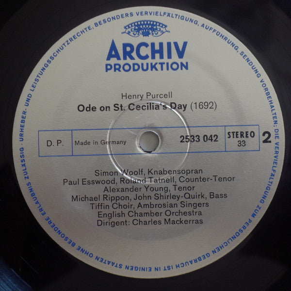 Henry Purcell - Simon Woolf • Paul Esswood • Roland Tatnell • Alexander Young • Michael Rippon • John Shirley-Quirk • Tiffin Boys' Choir • The Ambrosian Singers • English Chamber Orchestra • Dirigent: Sir Charles Mackerras : Ode On St. Cecilia's Day (1692) (LP, Gat)