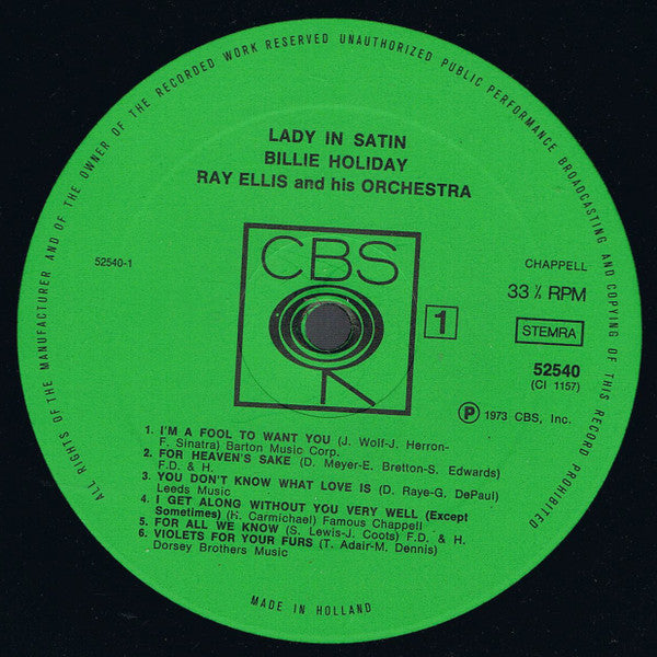 Billie Holiday With Ray Ellis And His Orchestra : Lady In Satin (LP, Album, RE)