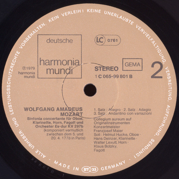 Mozart* – Collegium Aureum, Franzjosef Maier : Konzertante Sinfonien KV364 und KV297b (LP)