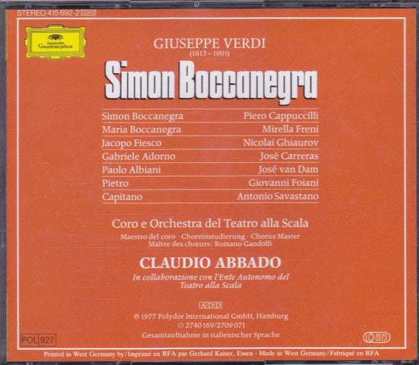 Giuseppe Verdi - Mirella Freni, Piero Cappuccilli, José Carreras, Nicolai Ghiaurov, José van Dam, Giovanni Foiani, Coro Del Teatro Alla Scala E Orchestra Del Teatro Alla Scala, Claudio Abbado : Simon Boccanegra (2xCD, Album, RE + Box, Sli)