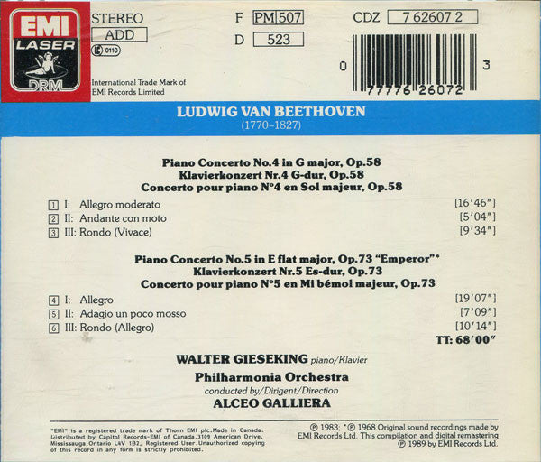 Ludwig van Beethoven, Walter Gieseking, Alceo Galliera : Piano Concertos 4 & 5 (CD, Album, Comp, RM)