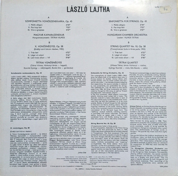 László Lajtha, Hungarian Chamber Orchestra, Tátrai Quartet : Sinfonietta / String Quartet No.10 (LP)
