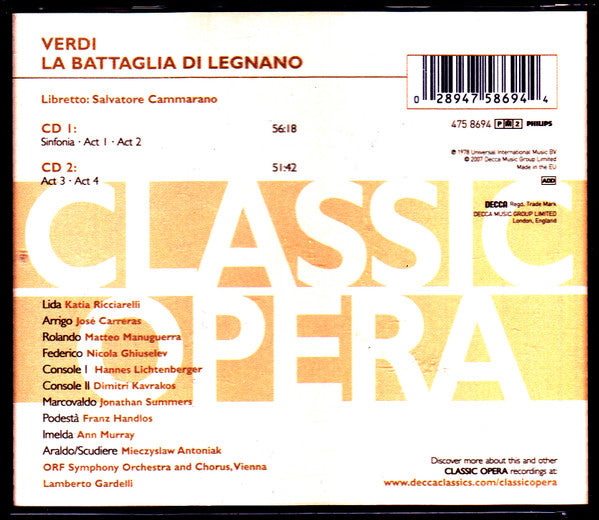 Giuseppe Verdi / Lamberto Gardelli, Katia Ricciarelli, José Carreras, Matteo Manuguerra, Nicola Ghiuselev : La Battaglia Di Legnano (2xCD, Album, RE, RM)