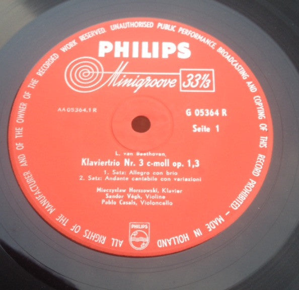 Ludwig van Beethoven, Pablo Casals, Mieczyslaw Horszowski, Sándor Végh : Klaviertrio Nr. 3 C-Moll Op. 1,3 (10")