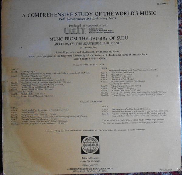 Various : Music From The Tausug Of Sulu - Moslems Of The Southern Philippines (2xLP, Album)