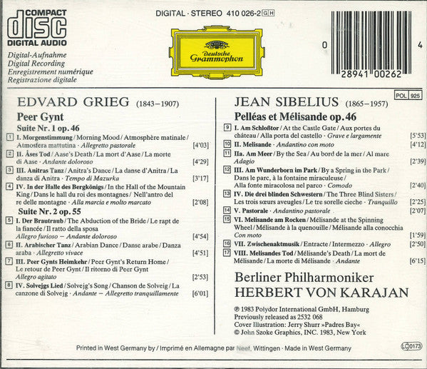 Edvard Grieg, Jean Sibelius, Berliner Philharmoniker  •  Herbert von Karajan : Peer Gynt Suites 1 & 2 / Pelléas Et Mélisande (CD, Album, RE)