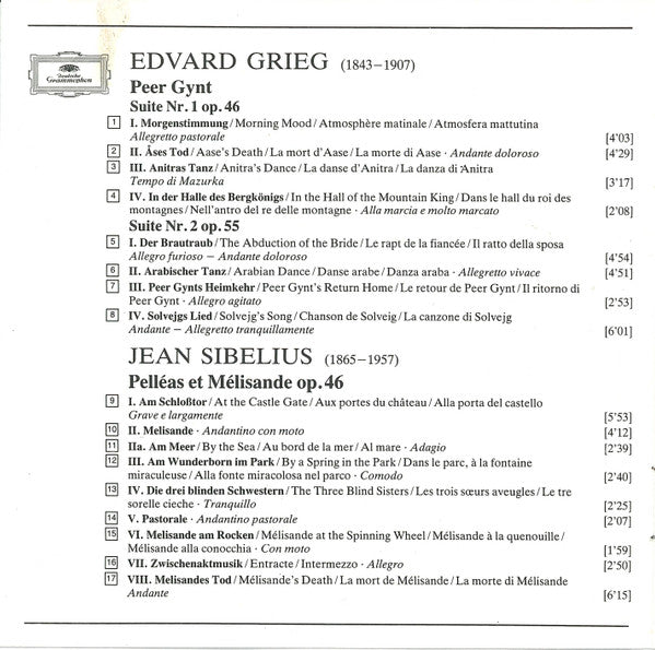Edvard Grieg, Jean Sibelius, Berliner Philharmoniker  •  Herbert von Karajan : Peer Gynt Suites 1 & 2 / Pelléas Et Mélisande (CD, Album, RE)