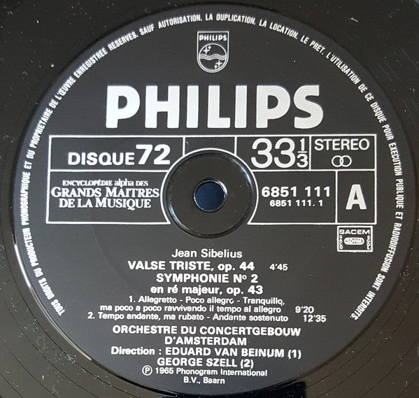 Jean Sibelius / Concertgebouworkest / George Szell / Eduard Van Beinum : Valse Triste Op. 44 / Symphonie N.º 2 En Ré Majeur, Op. 43 / Finlandia, Op. 26 (LP, Comp)