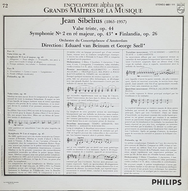Jean Sibelius / Concertgebouworkest / George Szell / Eduard Van Beinum : Valse Triste Op. 44 / Symphonie N.º 2 En Ré Majeur, Op. 43 / Finlandia, Op. 26 (LP, Comp)