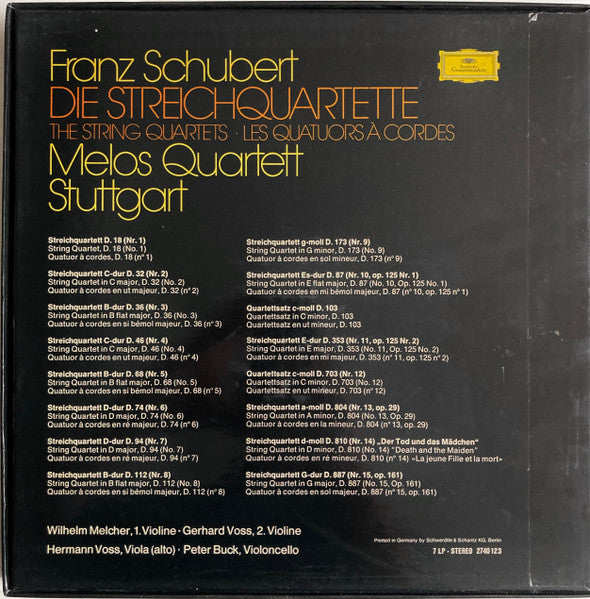 Franz Schubert, Melos Quartett Stuttgart* : Die Streichquartette (7xLP, Comp + Box)