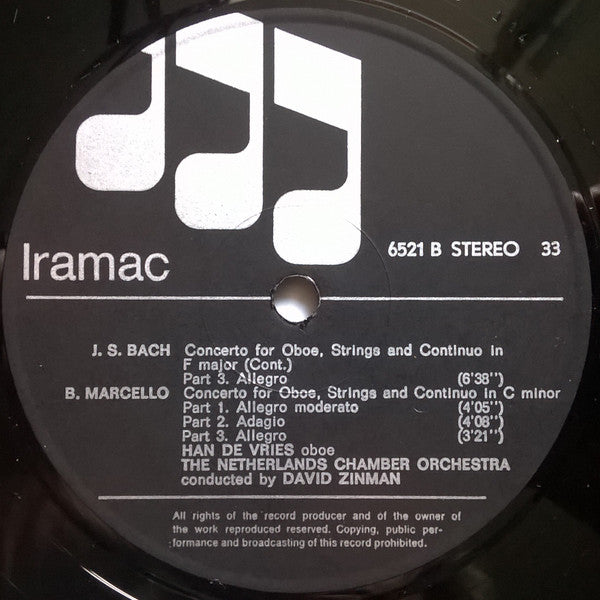 Johann Sebastian Bach / Benedetto Marcello - Han de Vries, The Hague Philharmonic, Netherlands Chamber Orchestra, David Zinman : Konzert Für Oboe Und Orchester F-Dur / Konzert Für Oboe Und Orchester C-Moll (LP, Album)