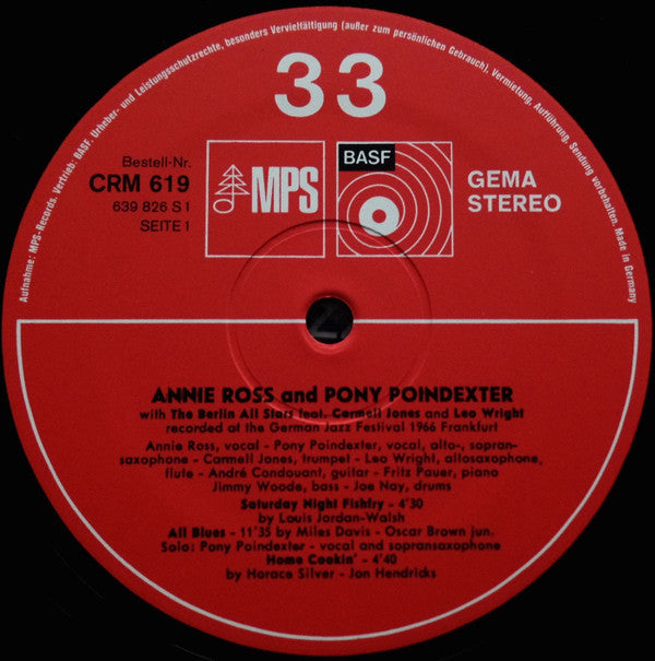 Annie Ross & Pony Poindexter With The Berlin All Stars Feat. Carmell Jones And Leo Wright : Recorded At The Tenth German Jazz Festival In Frankfurt (LP, Album, RE)