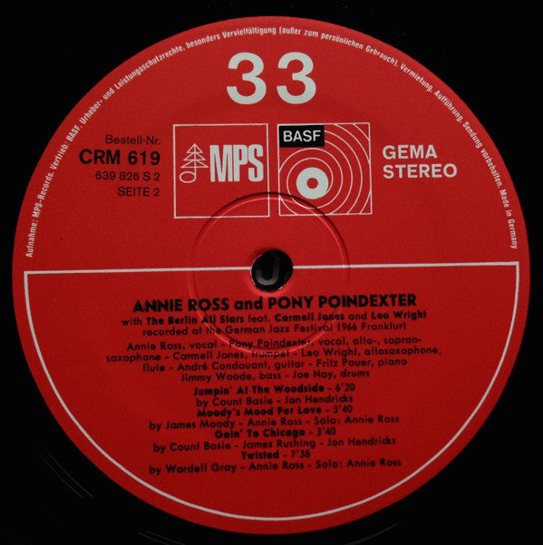 Annie Ross & Pony Poindexter With The Berlin All Stars Feat. Carmell Jones And Leo Wright : Recorded At The Tenth German Jazz Festival In Frankfurt (LP, Album, RE)