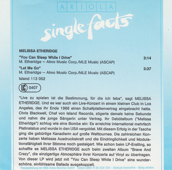 Melissa Etheridge : You Can Sleep While I Drive (7", Single)